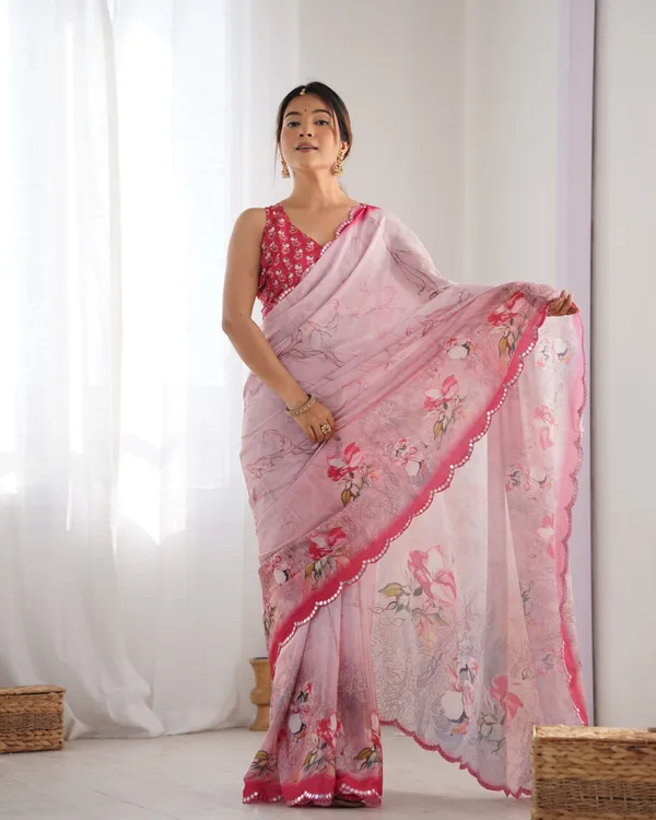 Soft Pink Floral Chinon Saree for Women