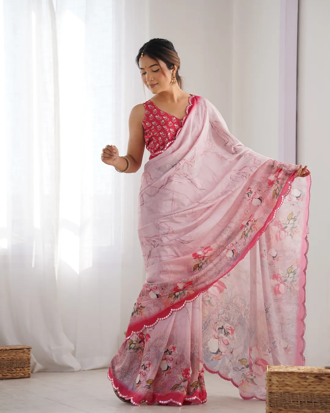 Soft Pink Floral Chinon Saree for Women