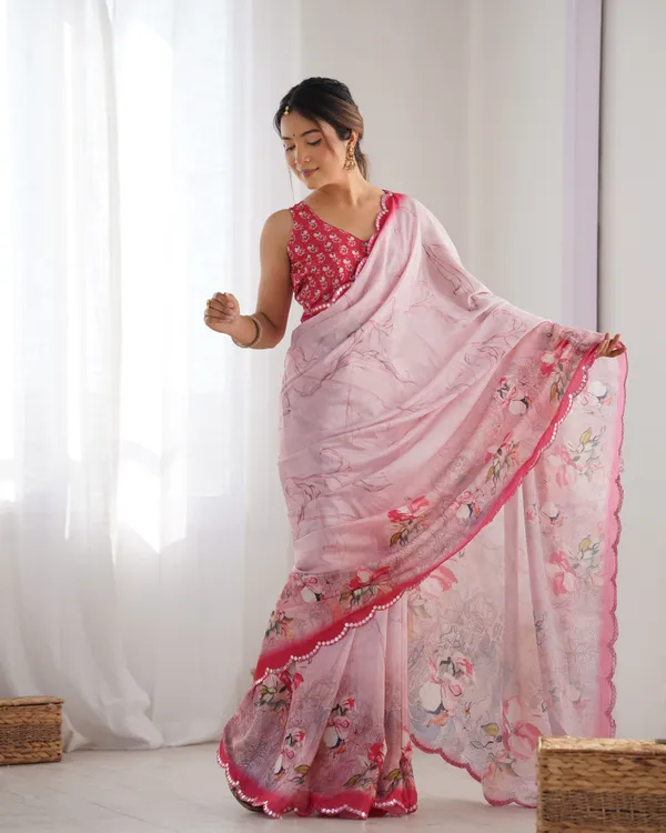 Soft Pink Floral Chinon Saree for Women