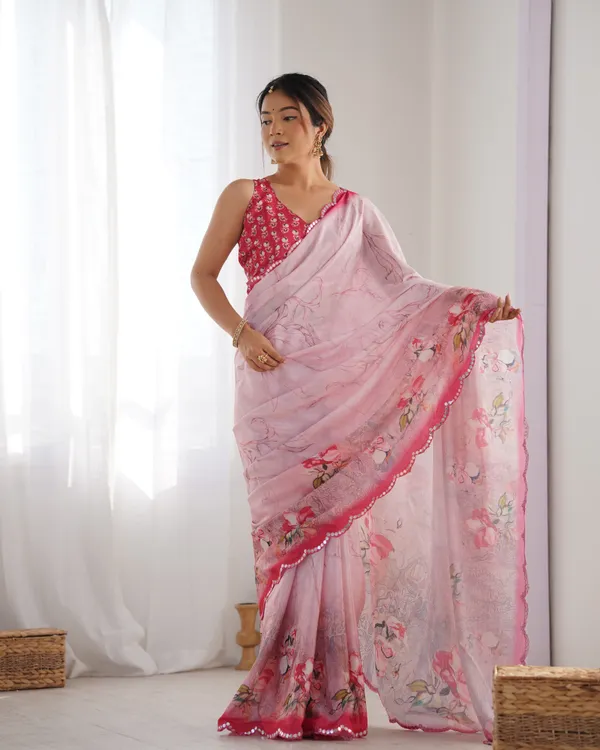 Soft Pink Floral Chinon Saree for Women