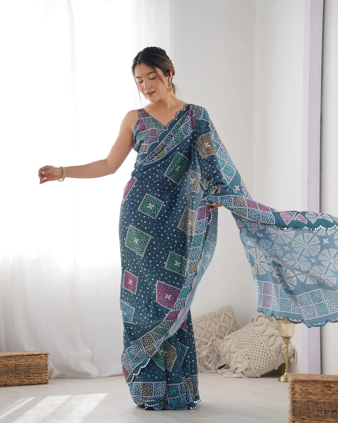 Blue Bandhani Print Chinon Saree for Women