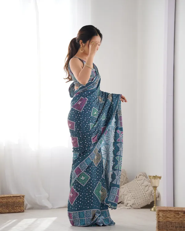 Blue Bandhani Print Chinon Saree for Women