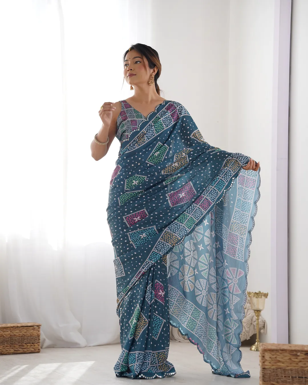 Blue Bandhani Print Chinon Saree for Women