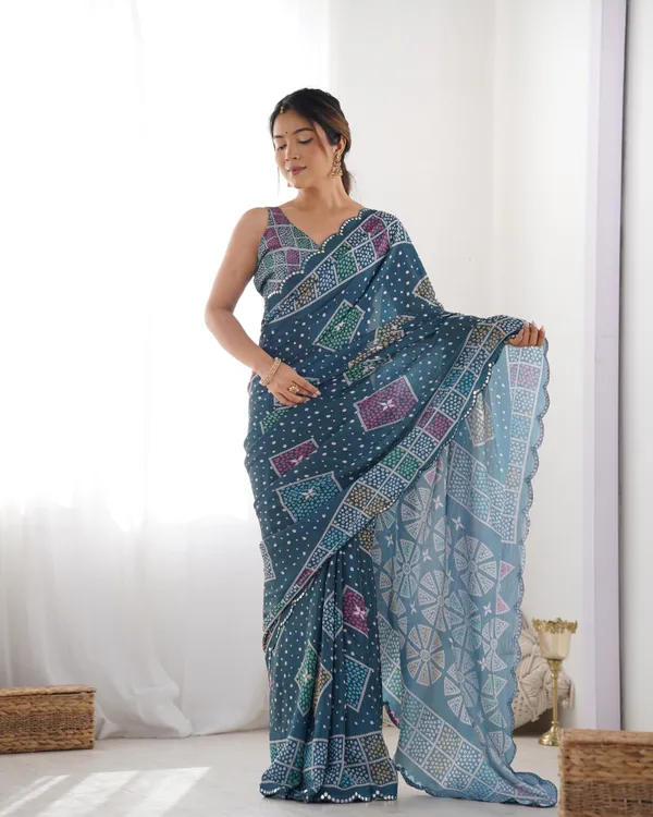 Blue Bandhani Print Chinon Saree for Women