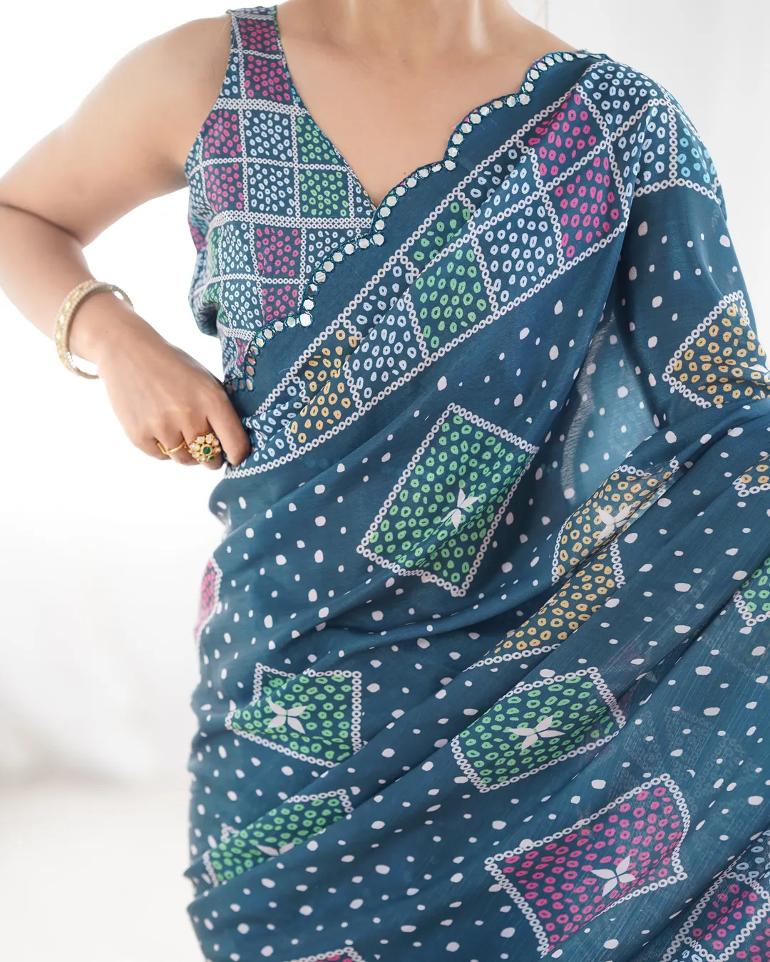 Blue Bandhani Print Chinon Saree for Women