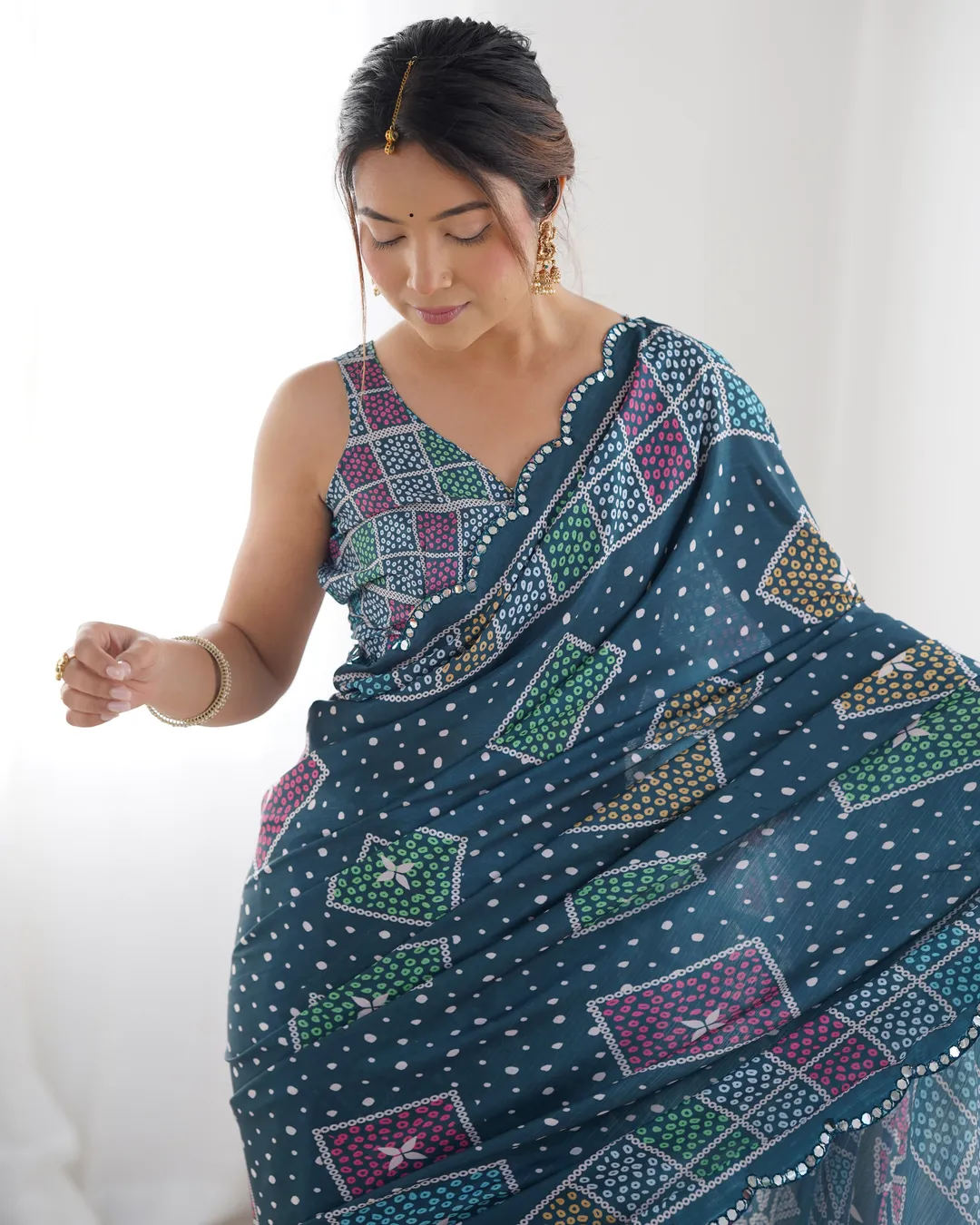 Blue Bandhani Print Chinon Saree for Women