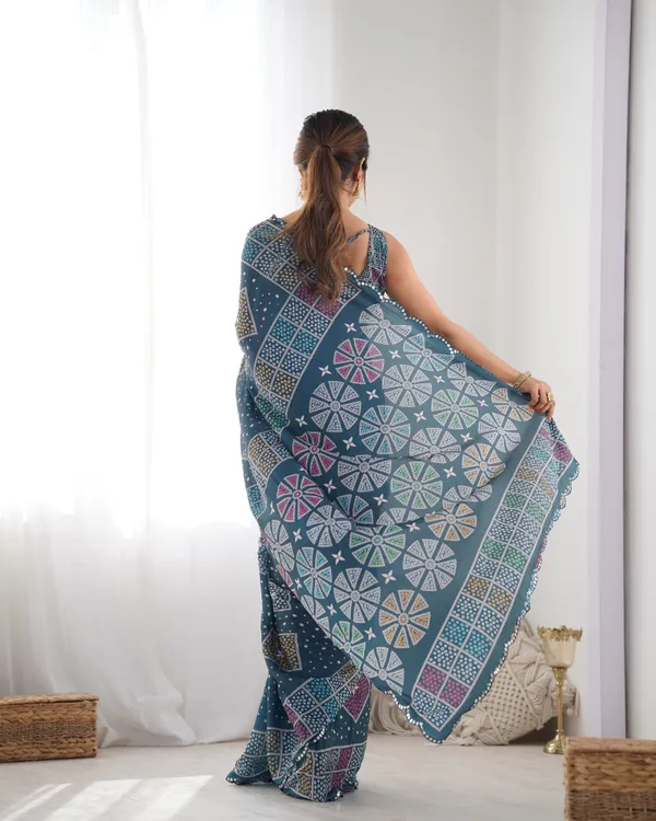 Blue Bandhani Print Chinon Saree for Women