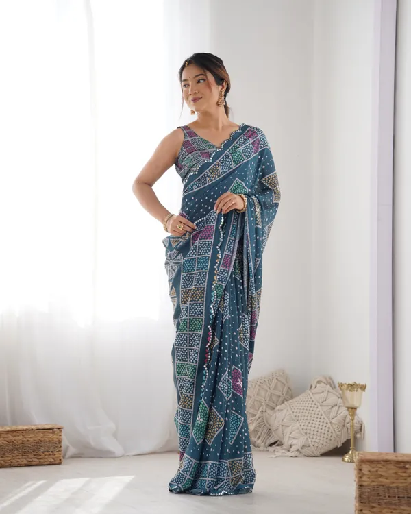 Blue Bandhani Print Chinon Saree for Women