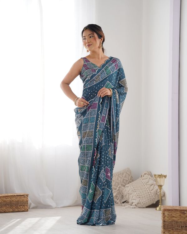Blue Bandhani Print Chinon Saree for Women