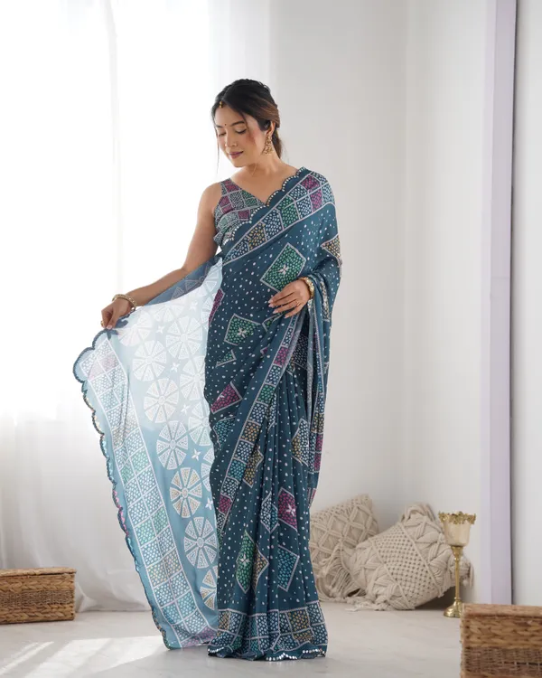 Blue Bandhani Print Chinon Saree for Women