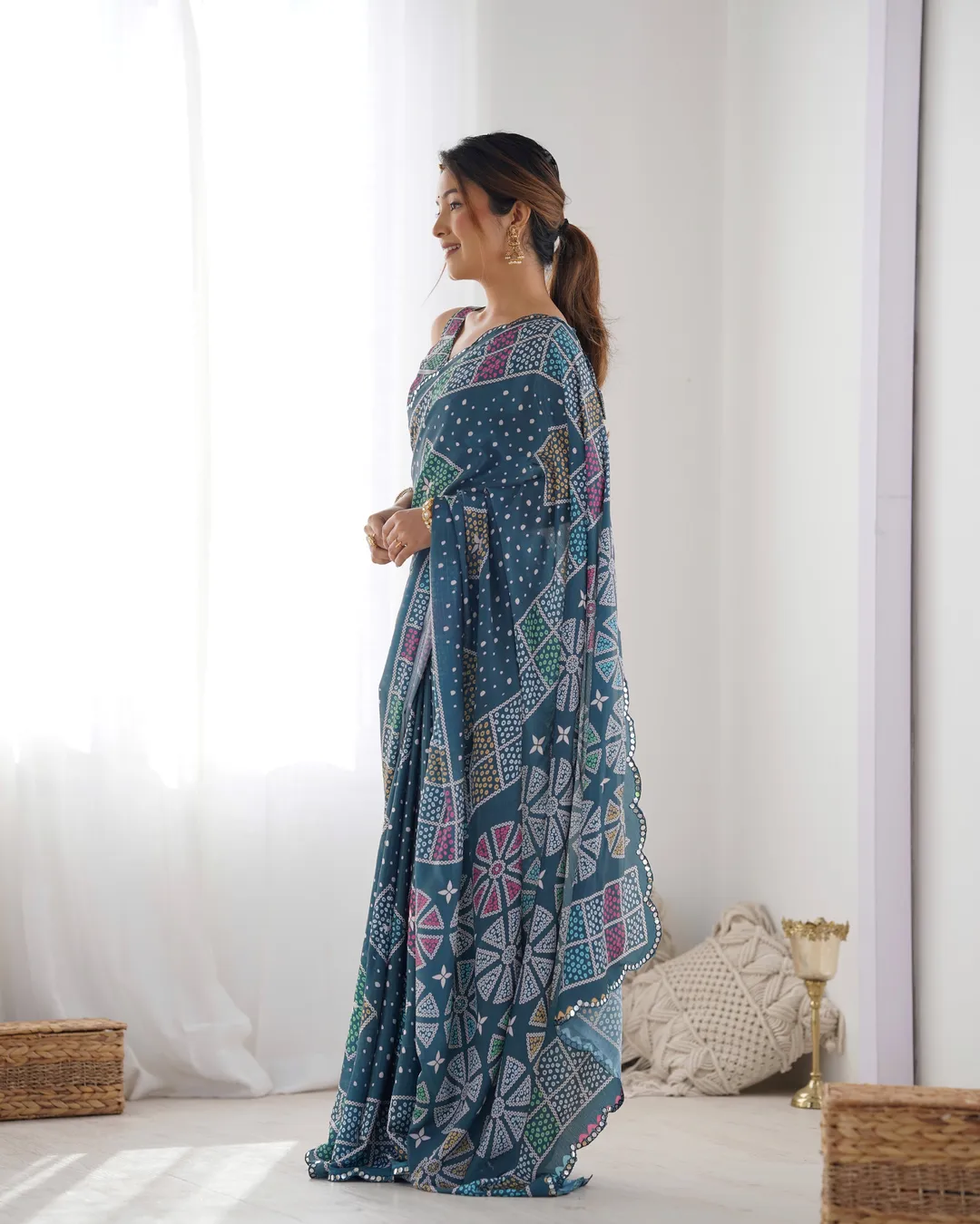Blue Bandhani Print Chinon Saree for Women