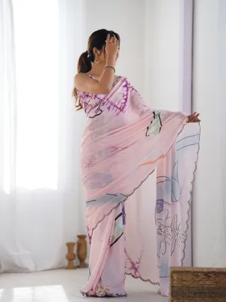 Soft Pink Abstract Print Chinon Saree Online
