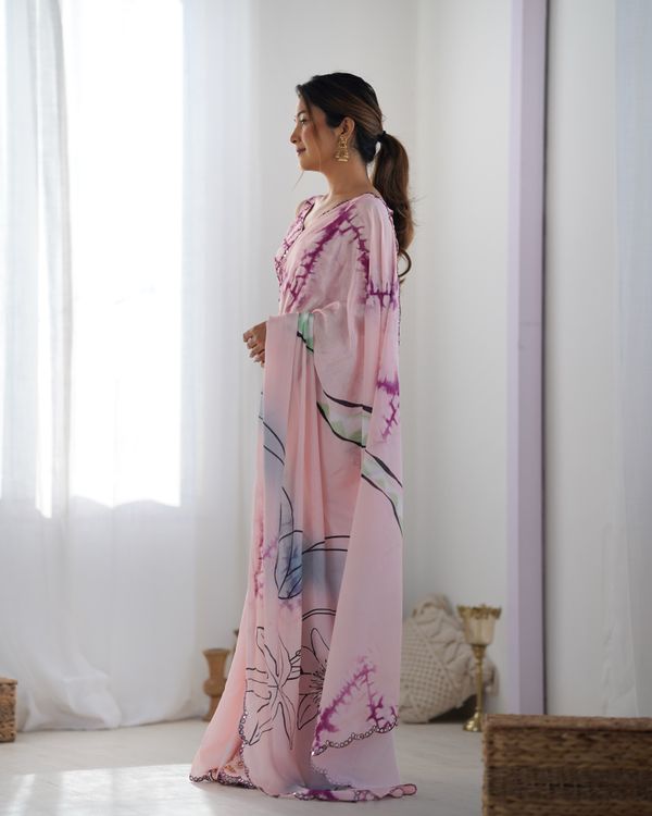 Soft Pink Abstract Print Chinon Saree Online