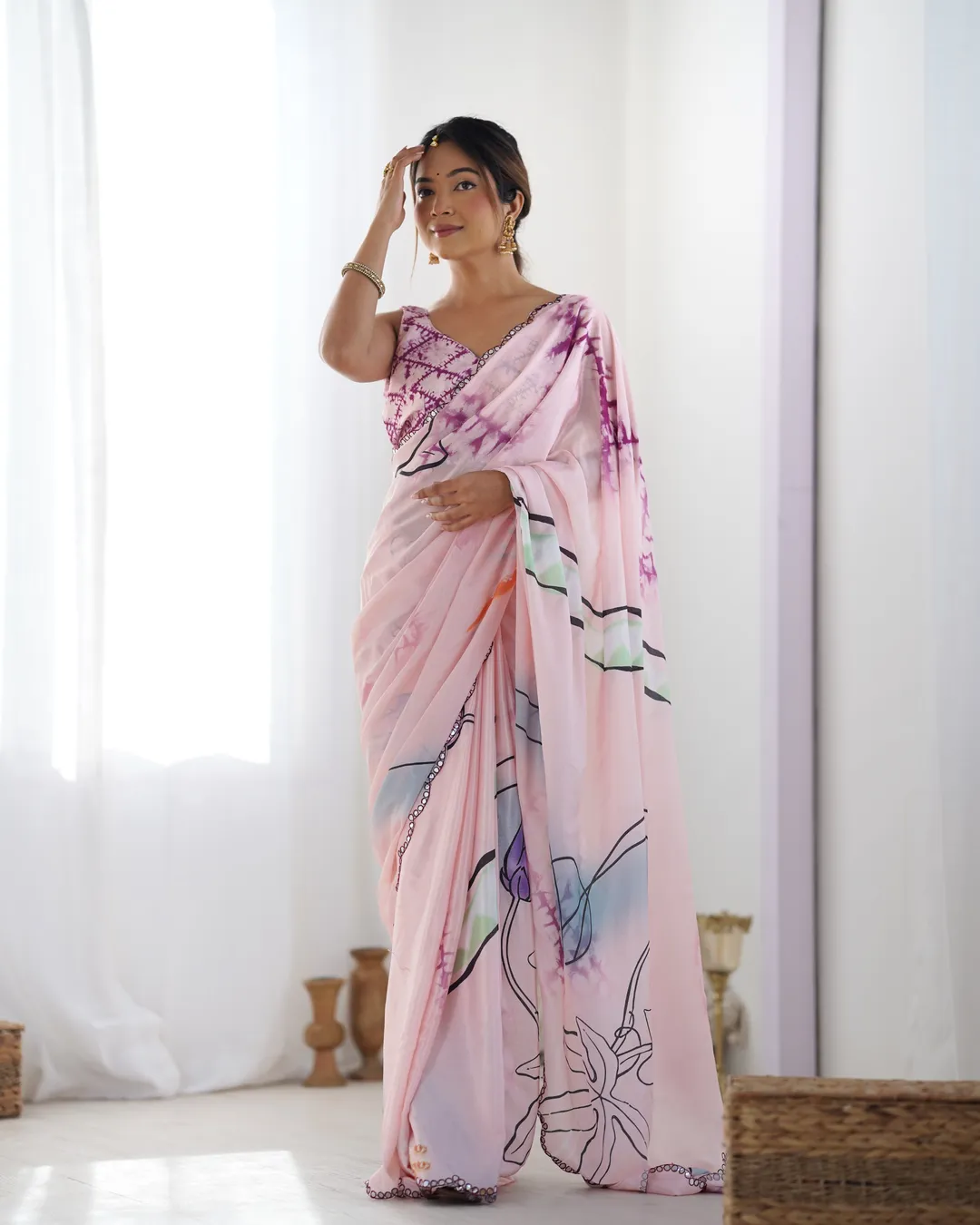 Soft Pink Abstract Print Chinon Saree Online