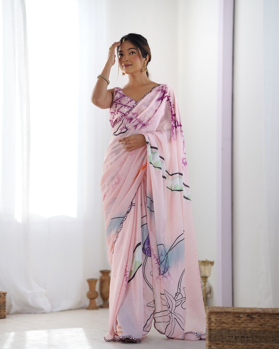 Soft Pink Abstract Print Chinon Saree Online