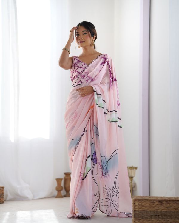 Soft Pink Abstract Print Chinon Saree Online