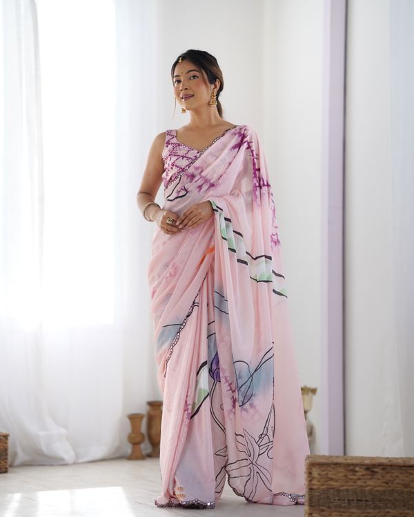 Soft Pink Abstract Print Chinon Saree Online
