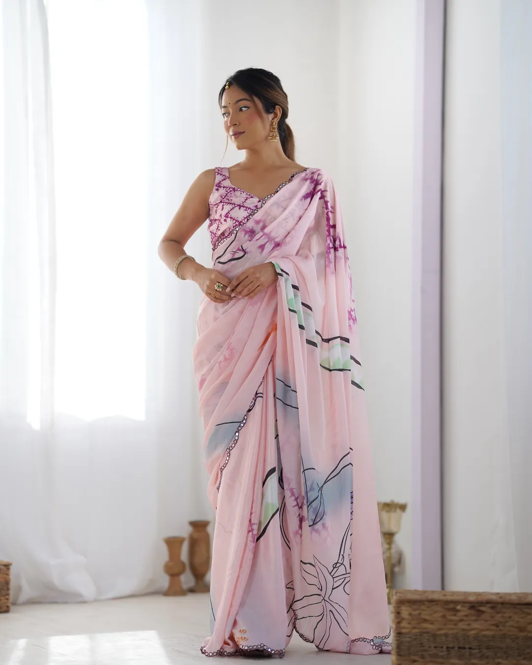 Soft Pink Abstract Print Chinon Saree Online