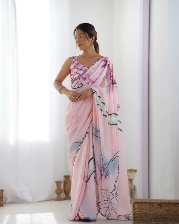 Soft Pink Abstract Print Chinon Saree Online