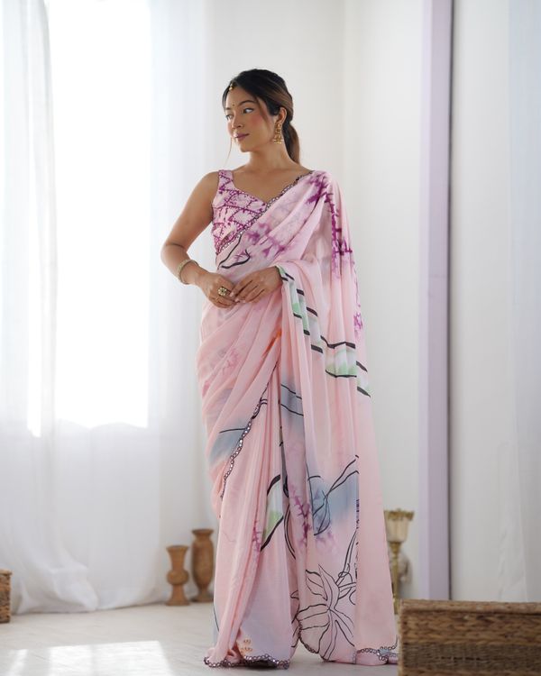 Soft Pink Abstract Print Chinon Saree Online
