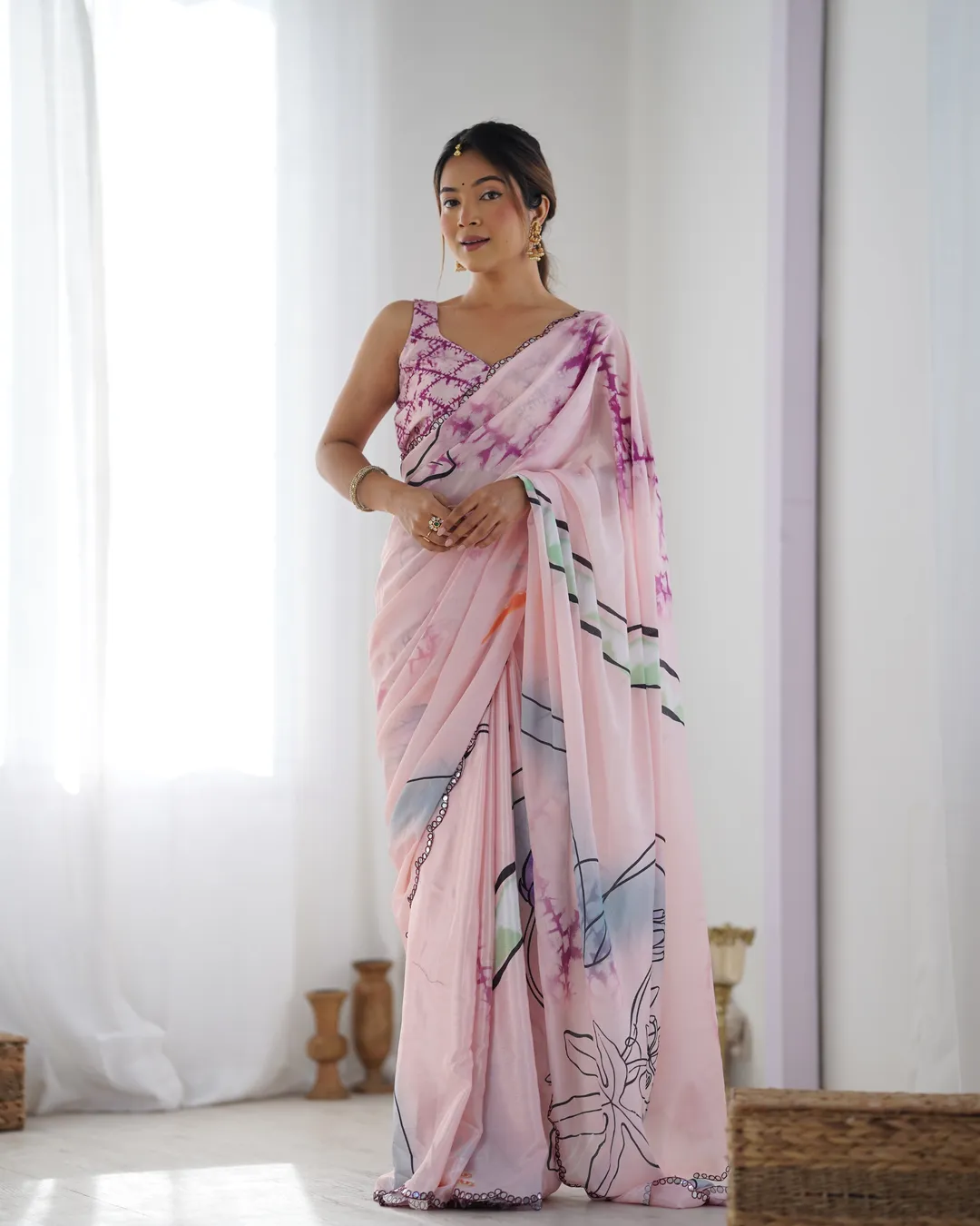 Soft Pink Abstract Print Chinon Saree Online