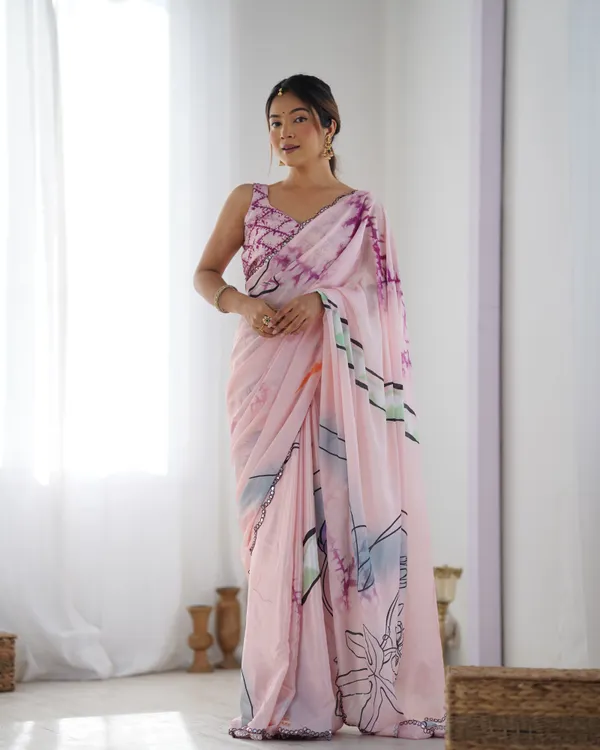Soft Pink Abstract Print Chinon Saree Online