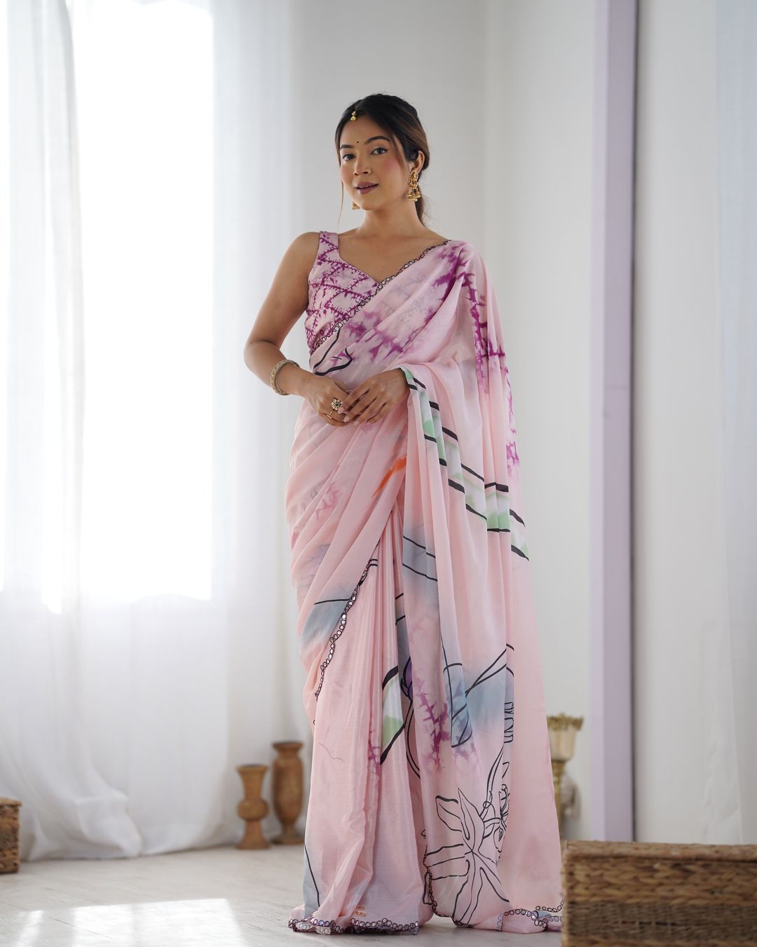 Soft Pink Abstract Print Chinon Saree Online
