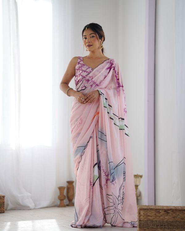 Soft Pink Abstract Print Chinon Saree Online