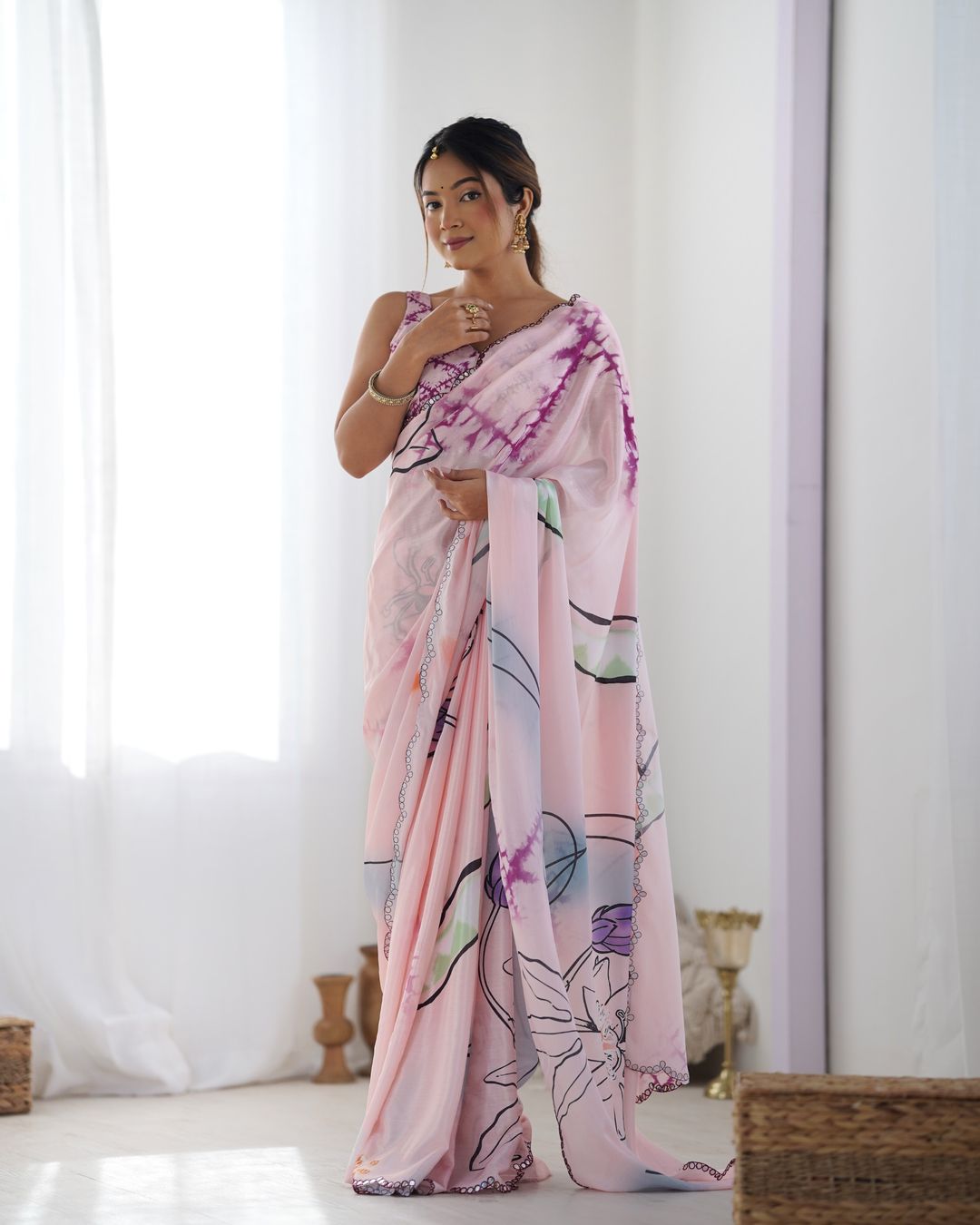 Soft Pink Abstract Print Chinon Saree Online