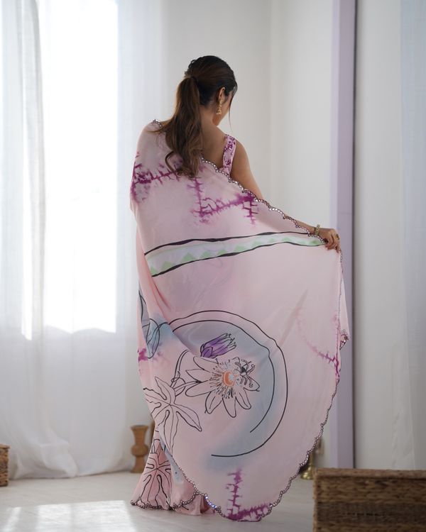 Soft Pink Abstract Print Chinon Saree Online