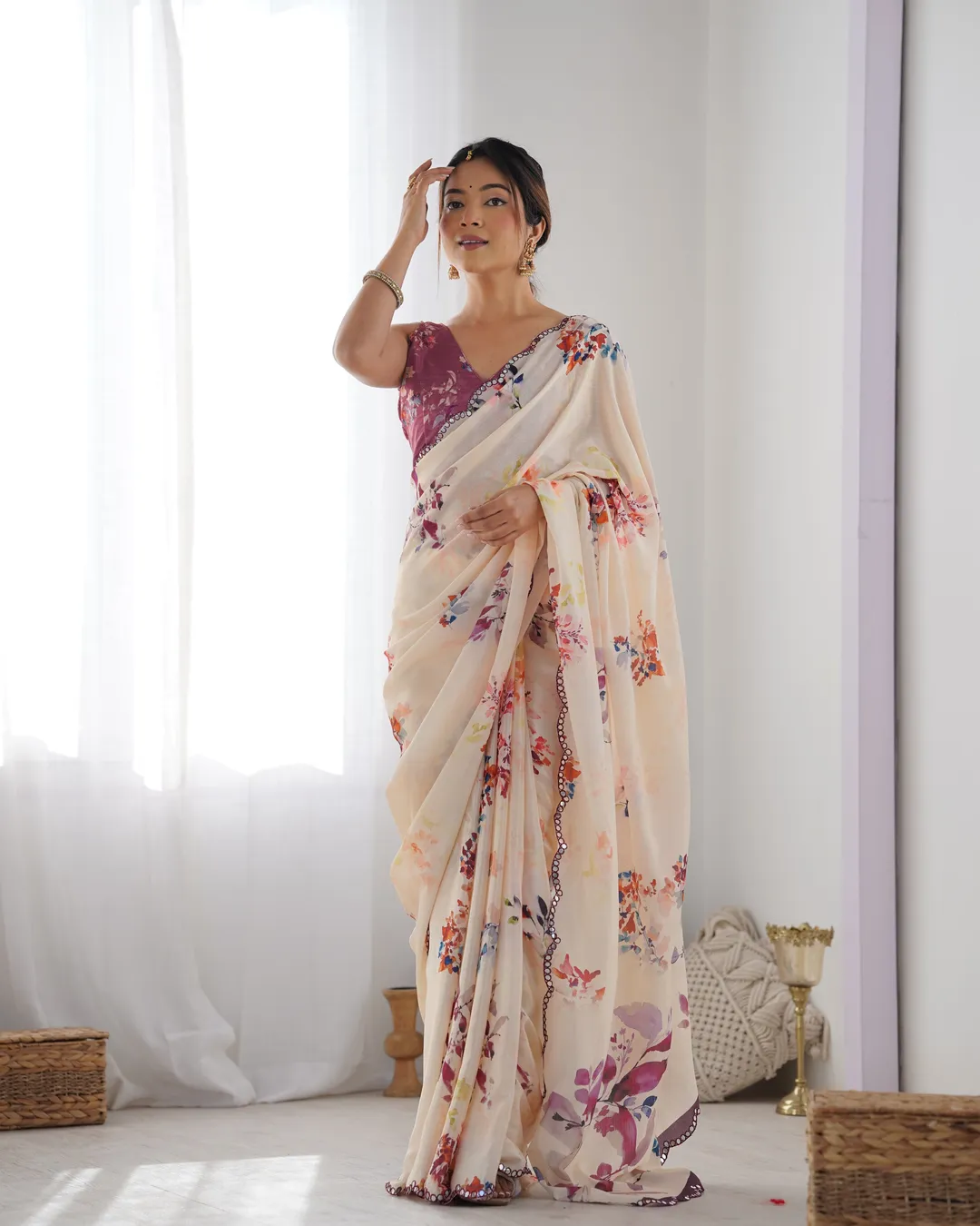 Ivory Bloom Chinon Saree with Designer Mirror Lace