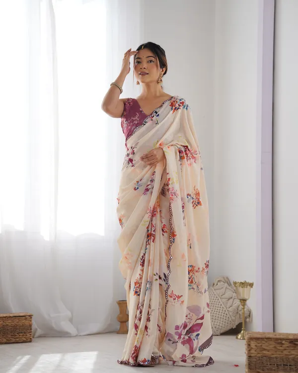 Ivory Bloom Chinon Saree with Designer Mirror Lace