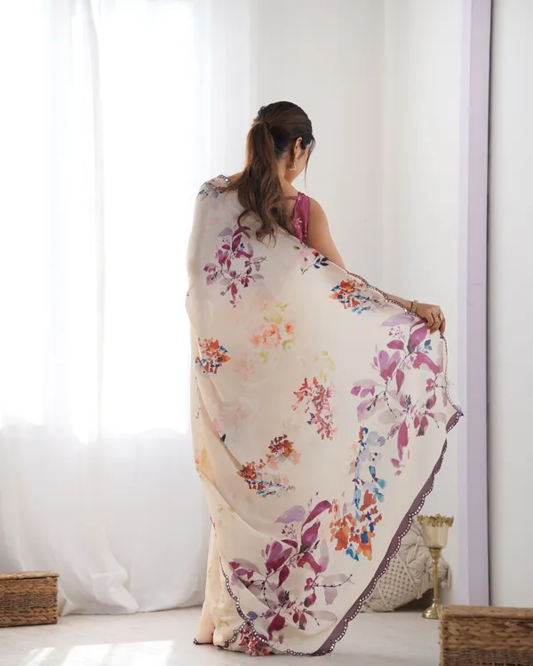 Ivory Bloom Chinon Saree with Designer Mirror Lace