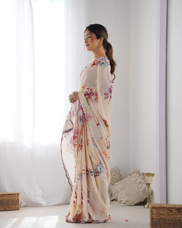 Ivory Bloom Chinon Saree with Designer Mirror Lace