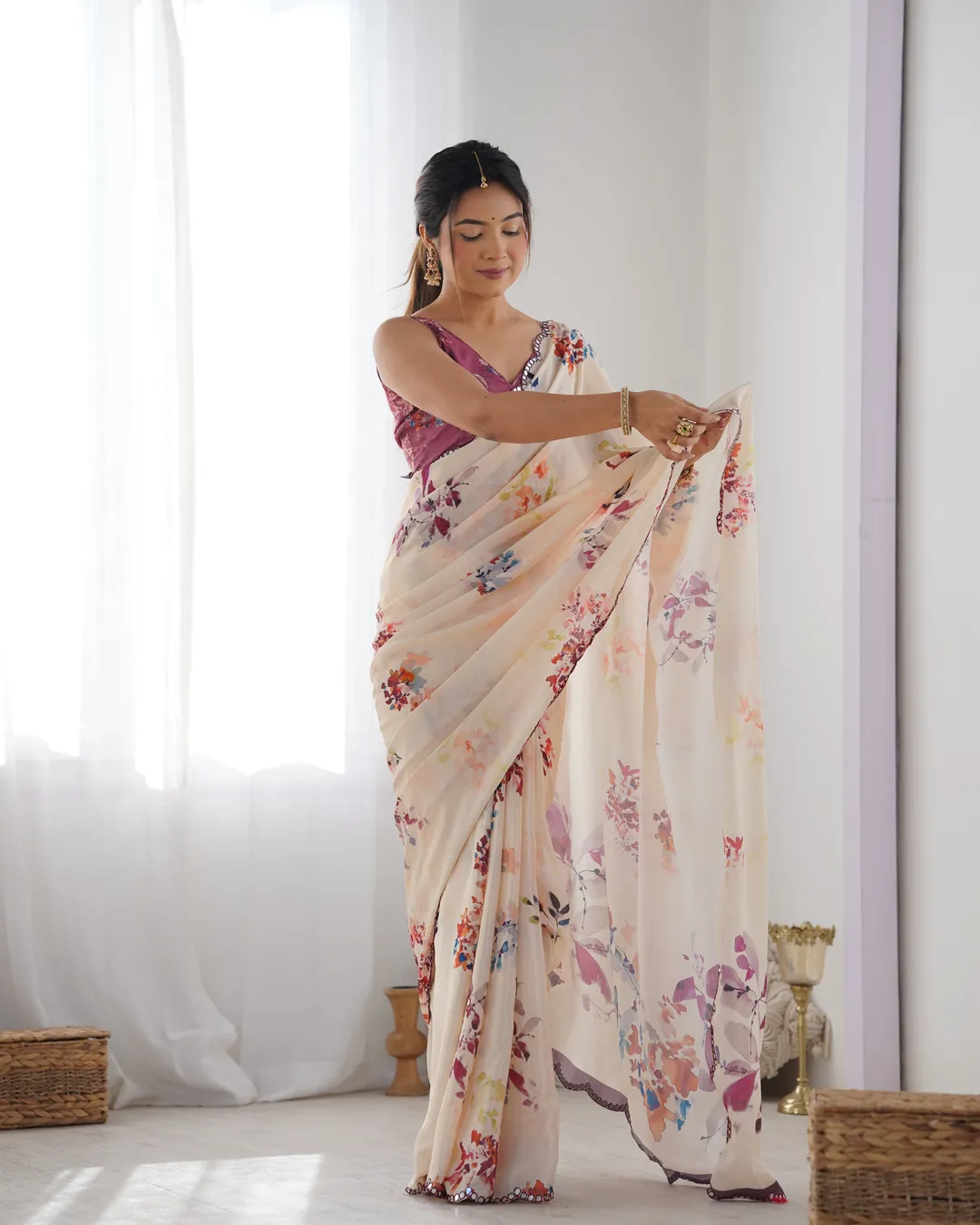 Ivory Bloom Chinon Saree with Designer Mirror Lace
