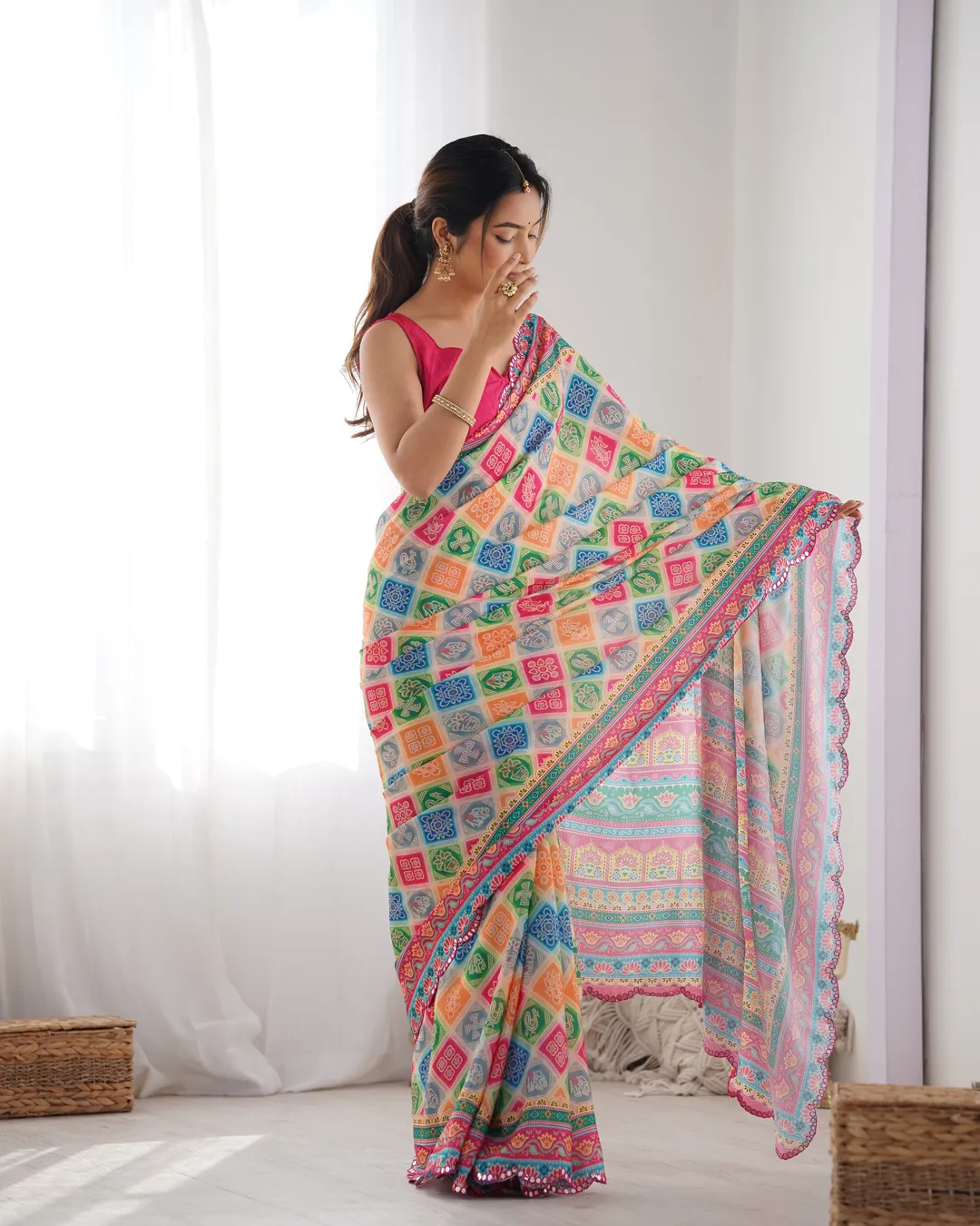 Colorful Ethnic Chinon Saree for Women