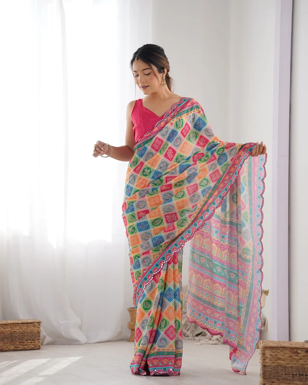 Colorful Ethnic Chinon Saree for Women