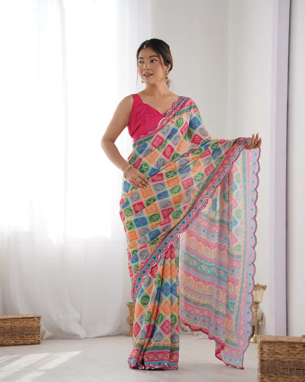 Colorful Ethnic Chinon Saree for Women