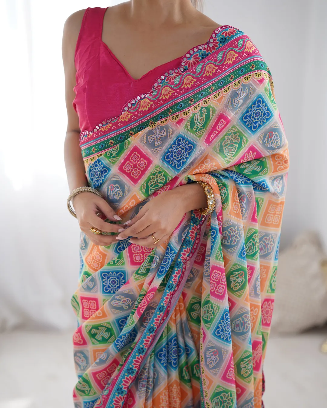 Colorful Ethnic Chinon Saree for Women