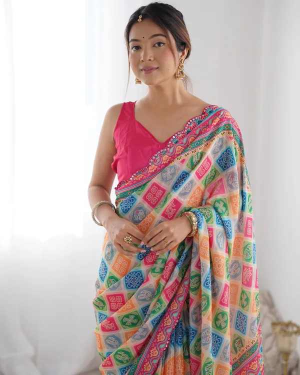 Colorful Ethnic Chinon Saree for Women