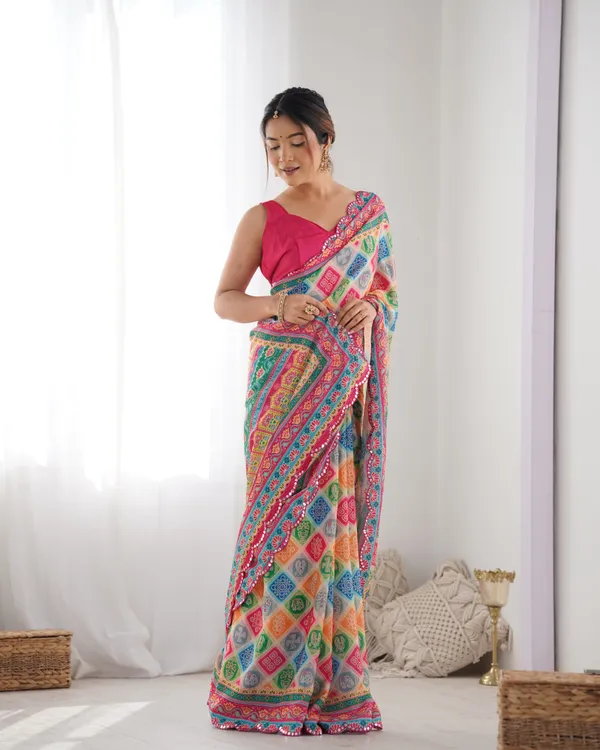 Colorful Ethnic Chinon Saree for Women