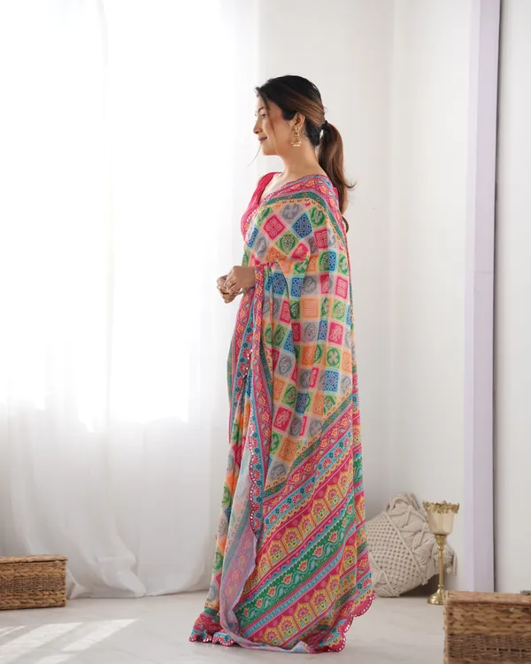 Colorful Ethnic Chinon Saree for Women