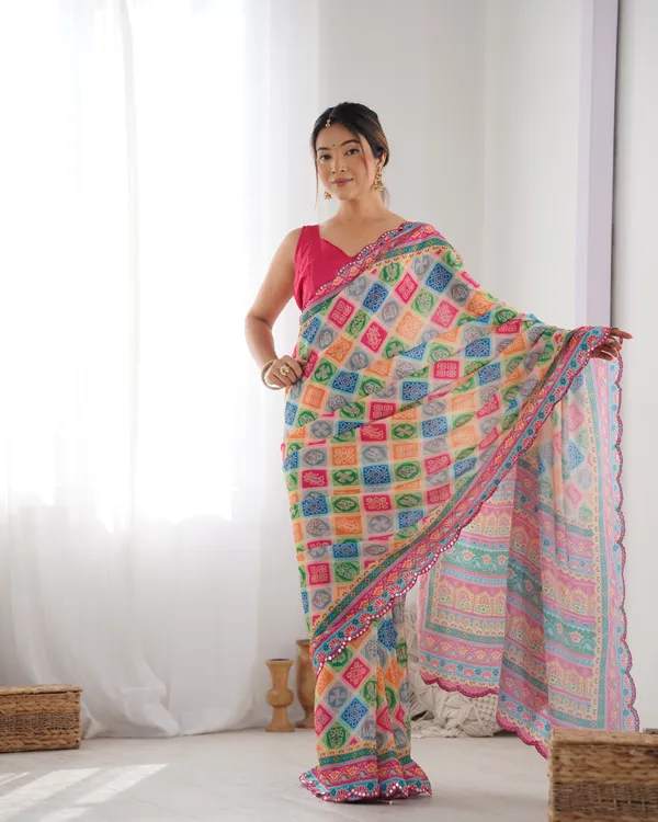 Colorful Ethnic Chinon Saree for Women