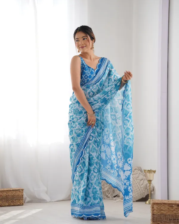 Sky Blue Designer Chinon Saree for Women