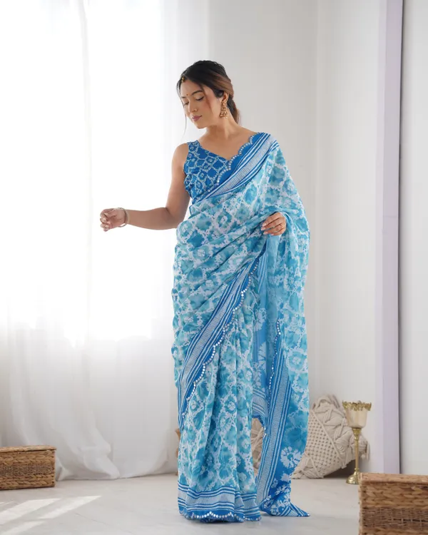Sky Blue Designer Chinon Saree for Women