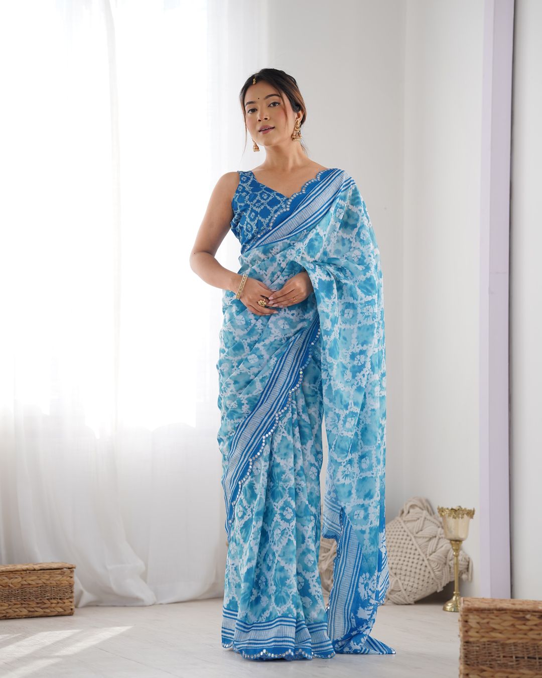 Sky Blue Designer Chinon Saree for Women