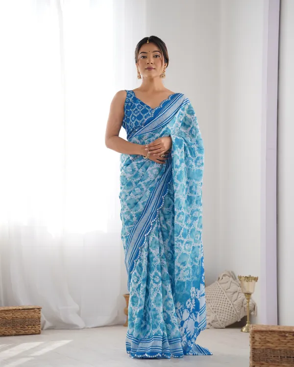 Sky Blue Designer Chinon Saree for Women