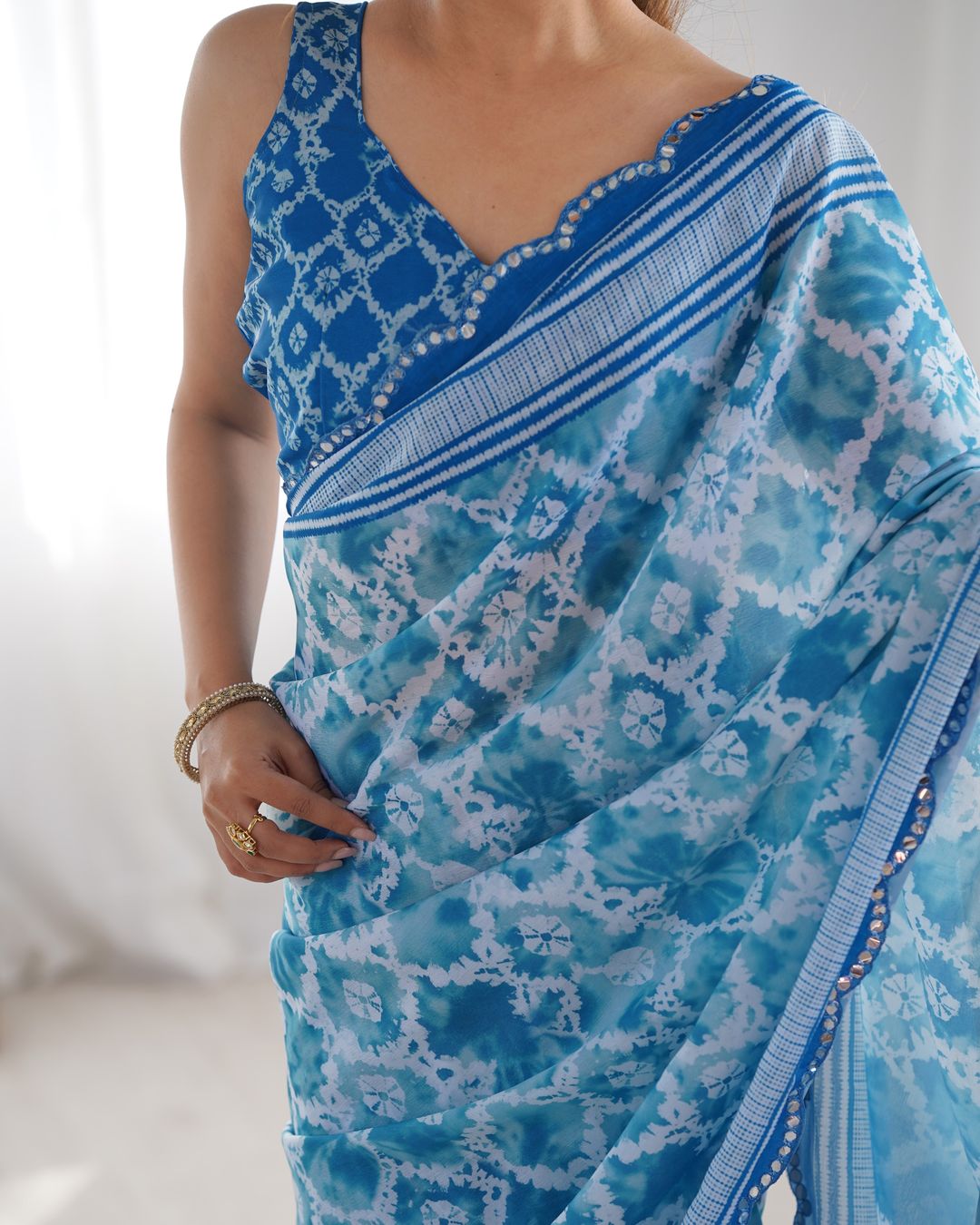 Sky Blue Designer Chinon Saree for Women