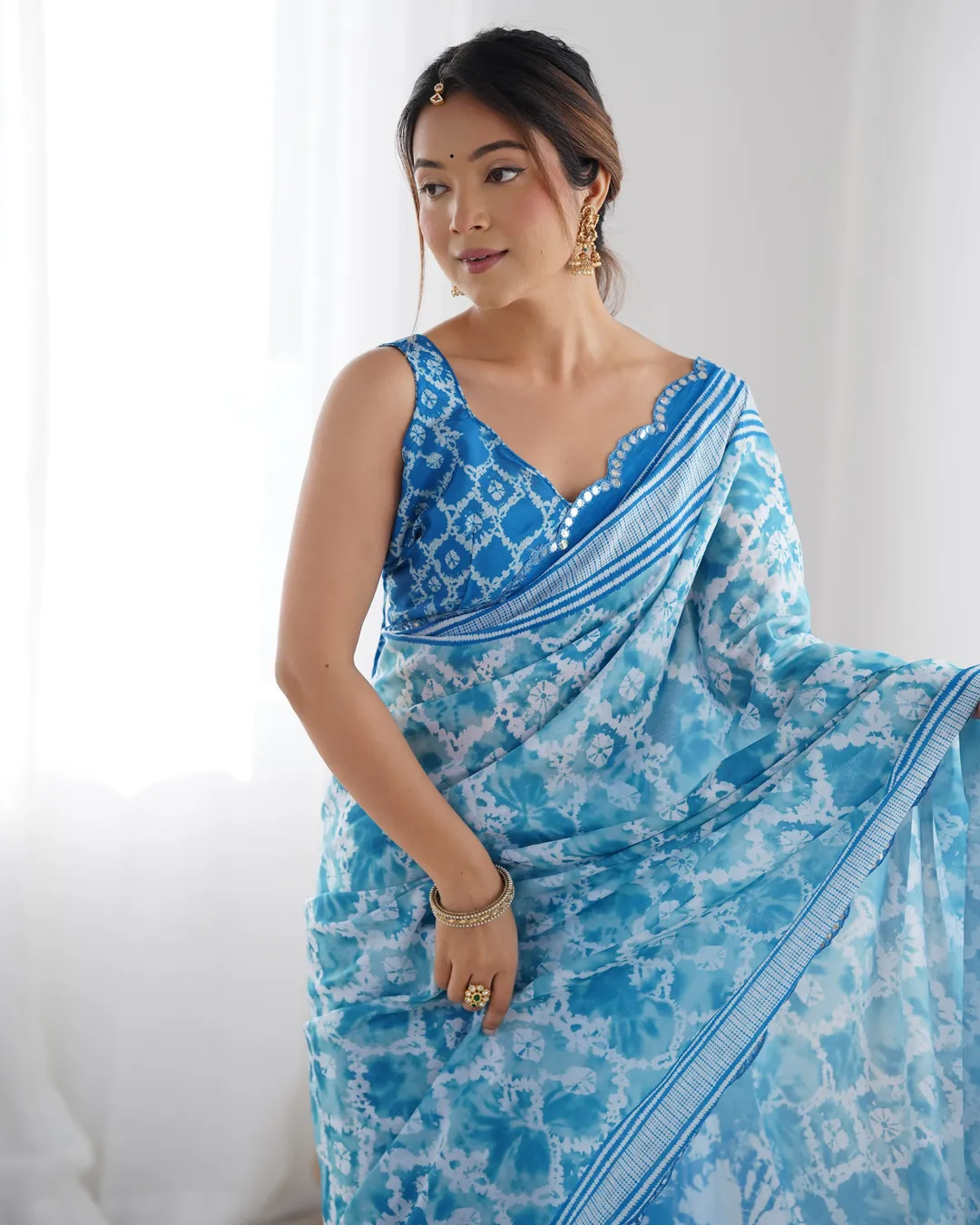 Sky Blue Designer Chinon Saree for Women