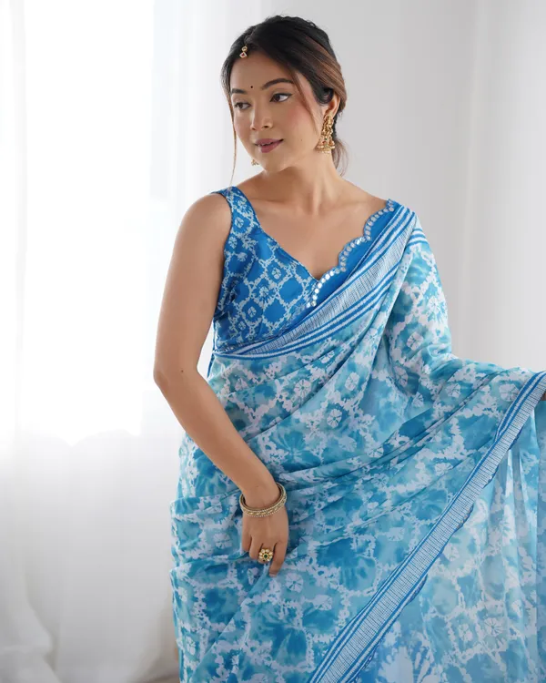 Sky Blue Designer Chinon Saree for Women